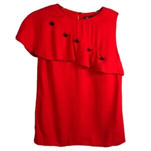 Maje Blouse Womens Sz 1 Red Sleeveless Ruffled Front One Shoulder Top Crew Neck‎